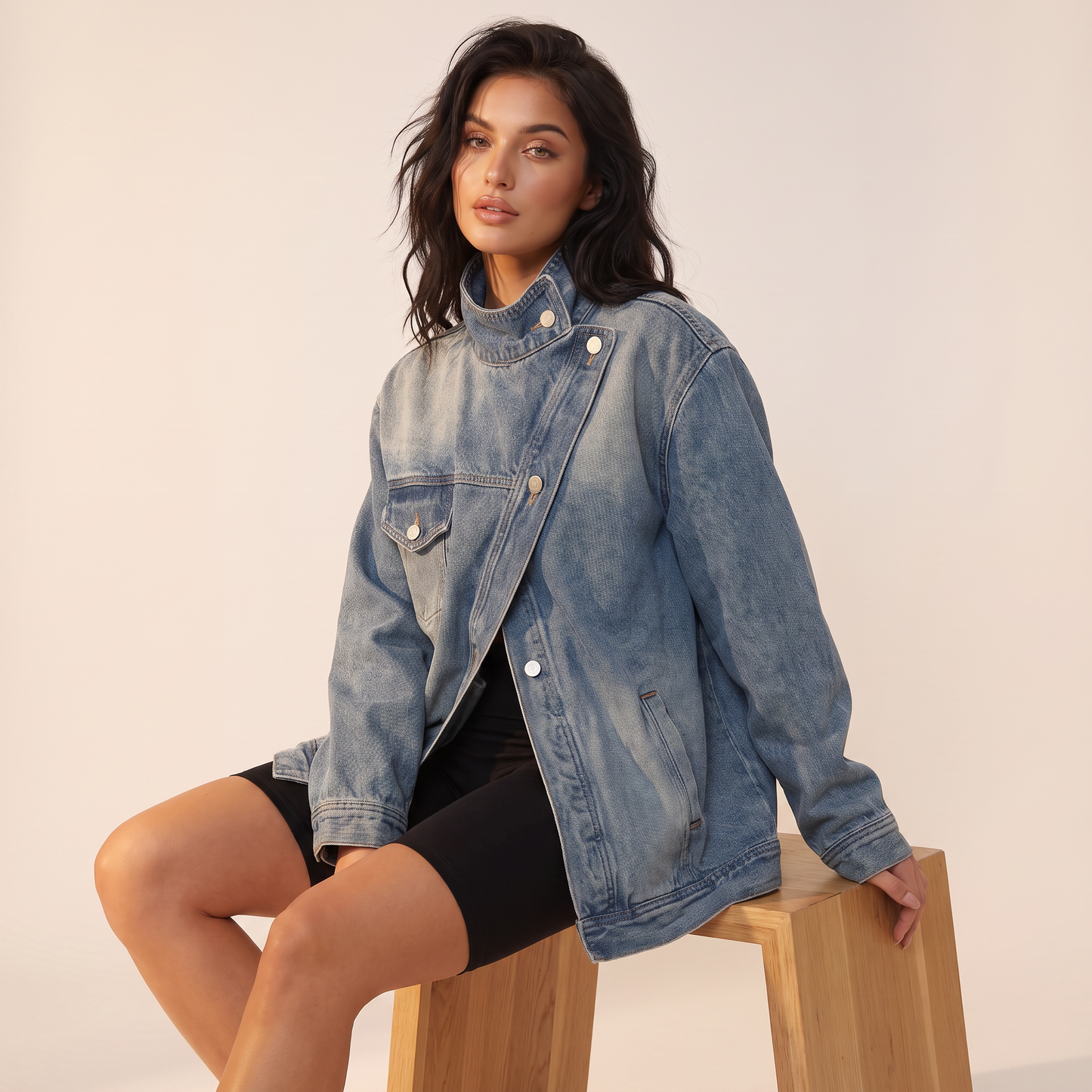 Kaia Asymmetrisch Denim Jack met Hoge Kraag