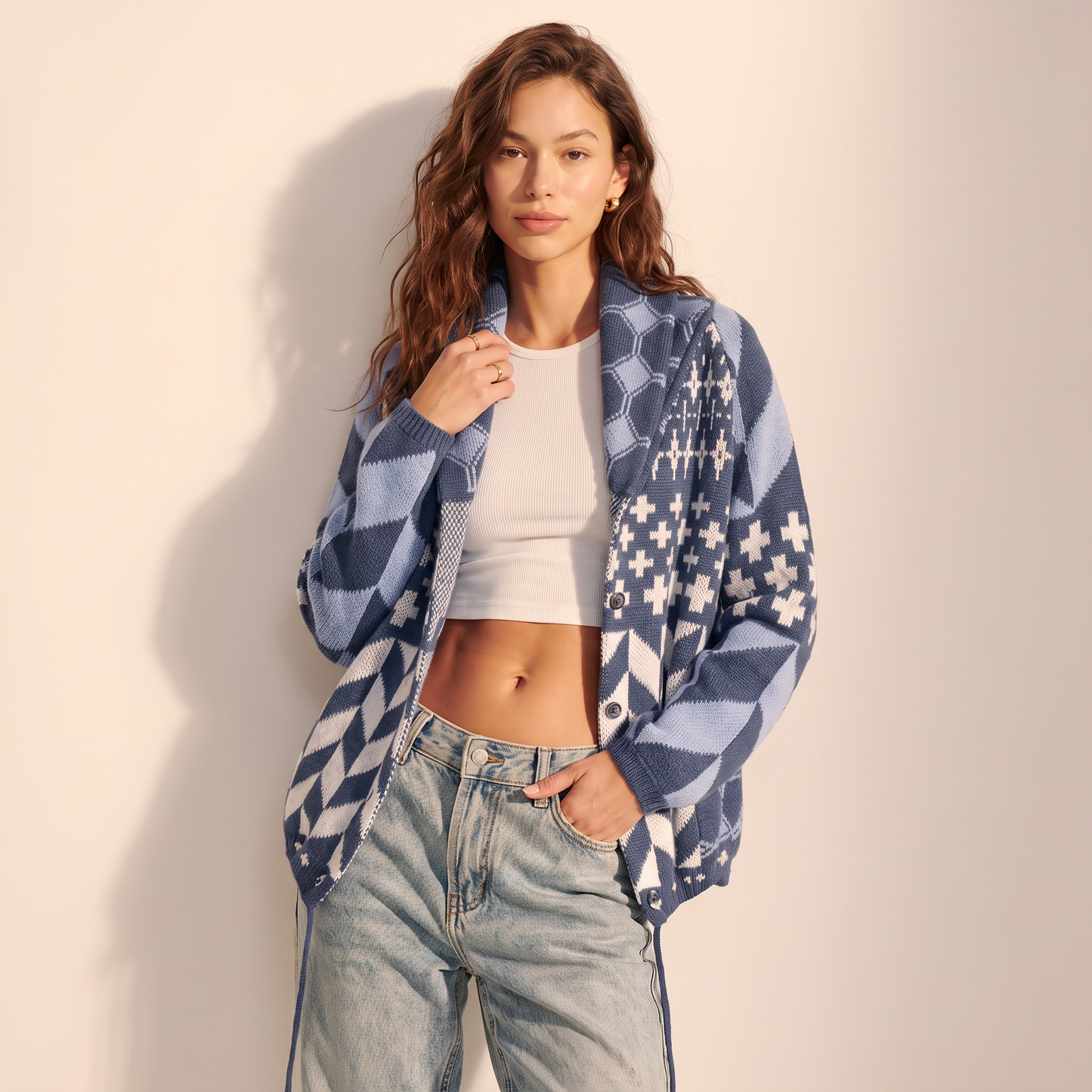 Saskia vest met geometrisch dessin en trekkoord