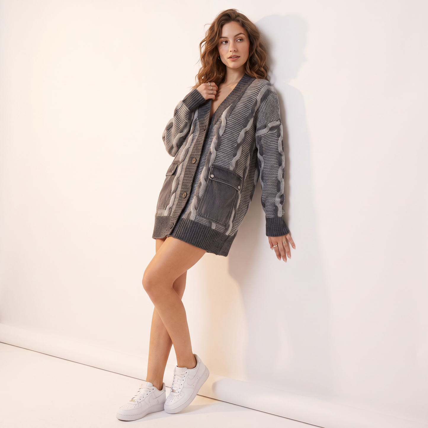 Freya oversized vest met kabelpanelen