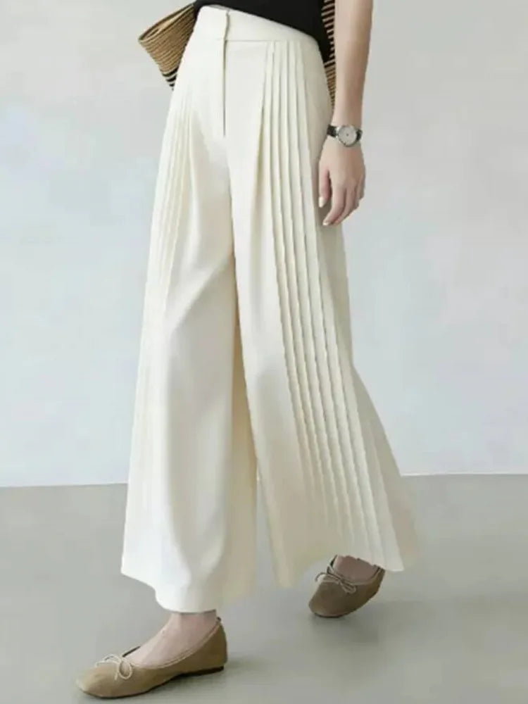 [EAM] Casual Style Solid Color High Waist Pleated Design Wide Leg Straight Leg Pants Daily Women 2026 Autumn New Item 31B0609