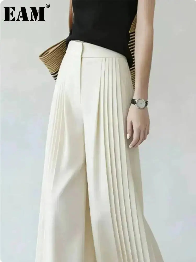 [EAM] Casual Style Solid Color High Waist Pleated Design Wide Leg Straight Leg Pants Daily Women 2026 Autumn New Item 31B0609