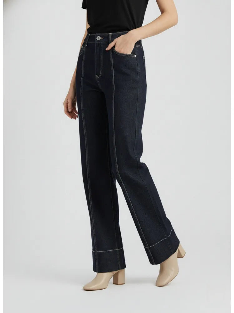 2026 Women Dark Blue High Waist Wide Leg Jeans Contrast Stitching Pocketed Retro Denim Pants Casual Outfits Women's Pants