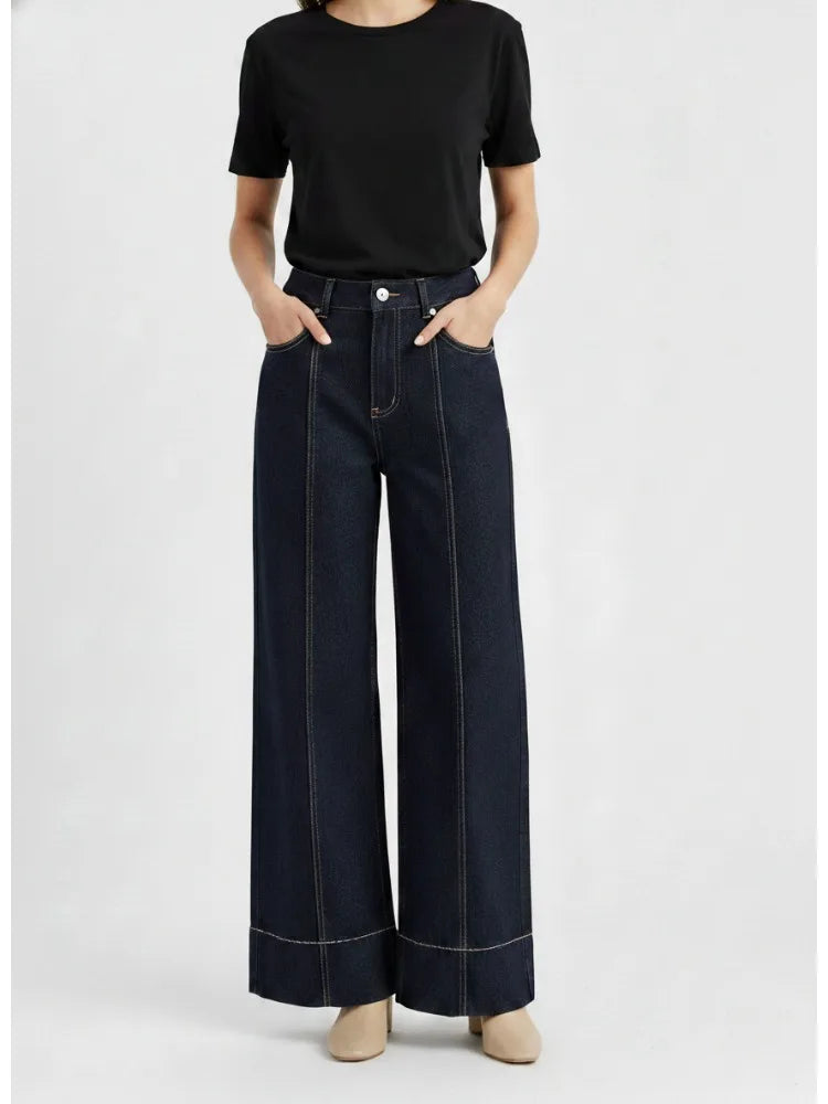 2026 Women Dark Blue High Waist Wide Leg Jeans Contrast Stitching Pocketed Retro Denim Pants Casual Outfits Women's Pants
