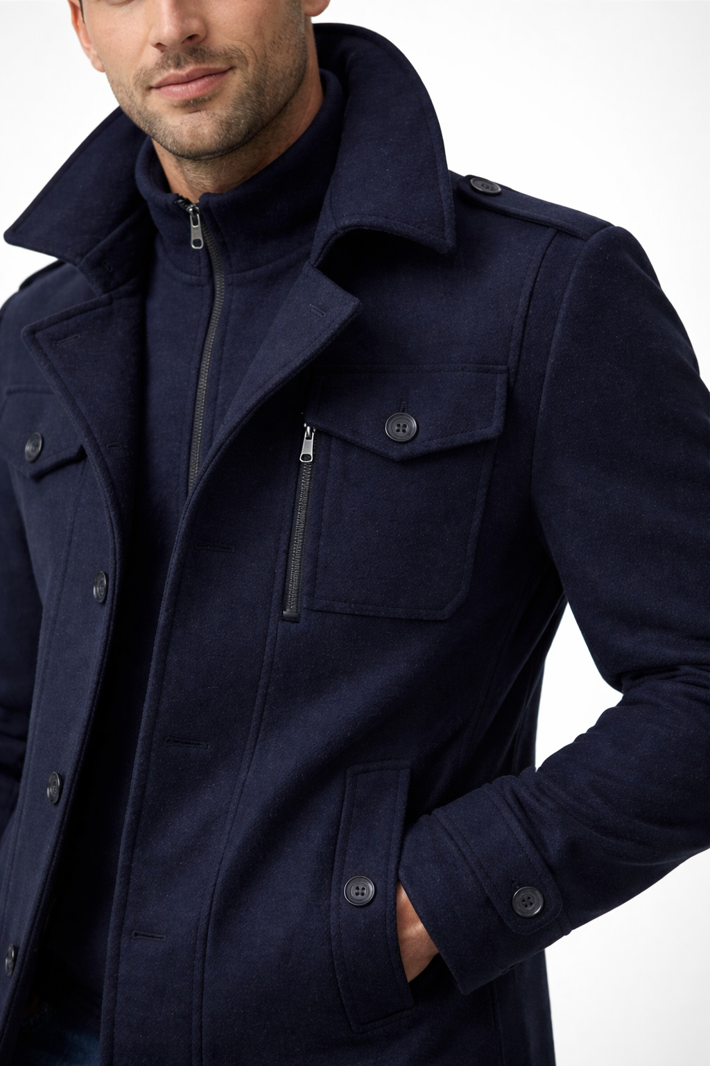 Men’s Wool Zip-Front Stand Collar City Jacket with Layered Inner Panel