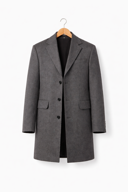 Men’s Structured Long Coat with Button Front Notched Collar with Clean Panel Design
