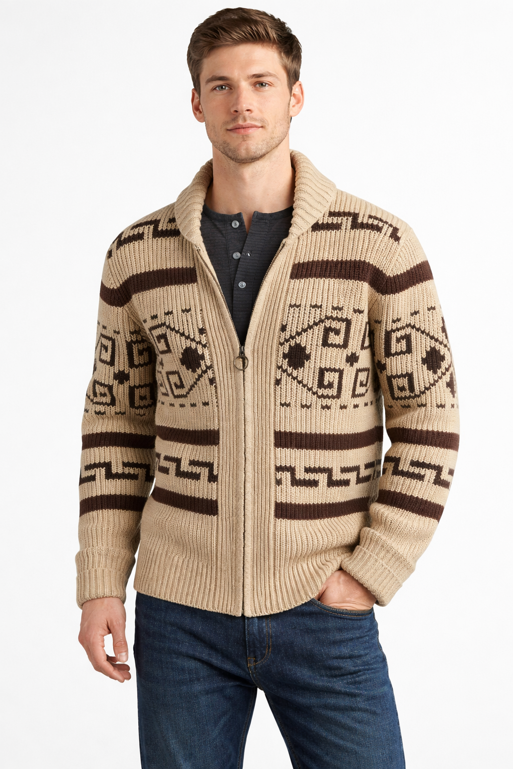 Men’s Pattern Knit Zip Cardigan Sweater with Textured Yarn Design