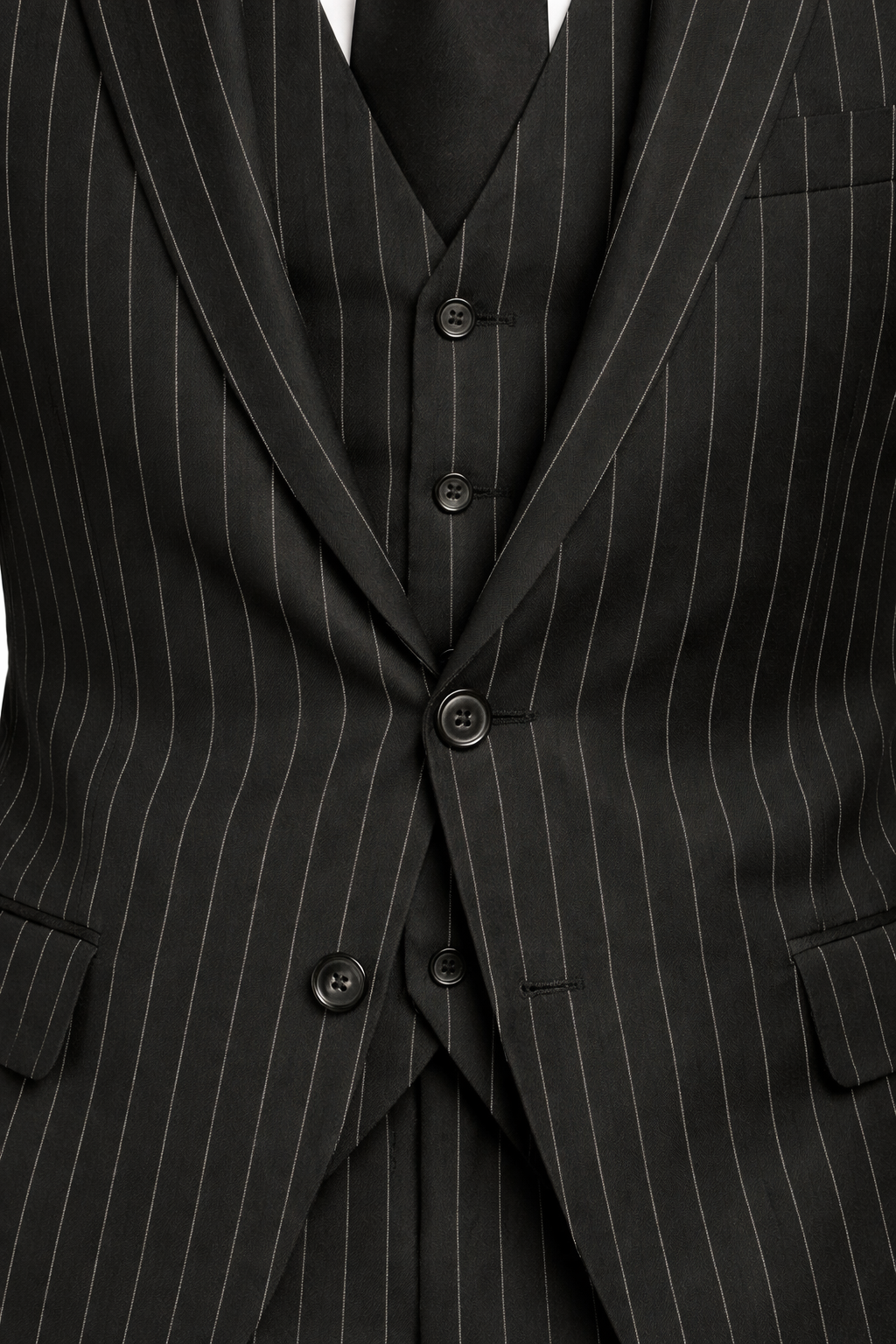 Men’s Black Pinstripe Three Piece Suit With Jacket Vest And Trousers