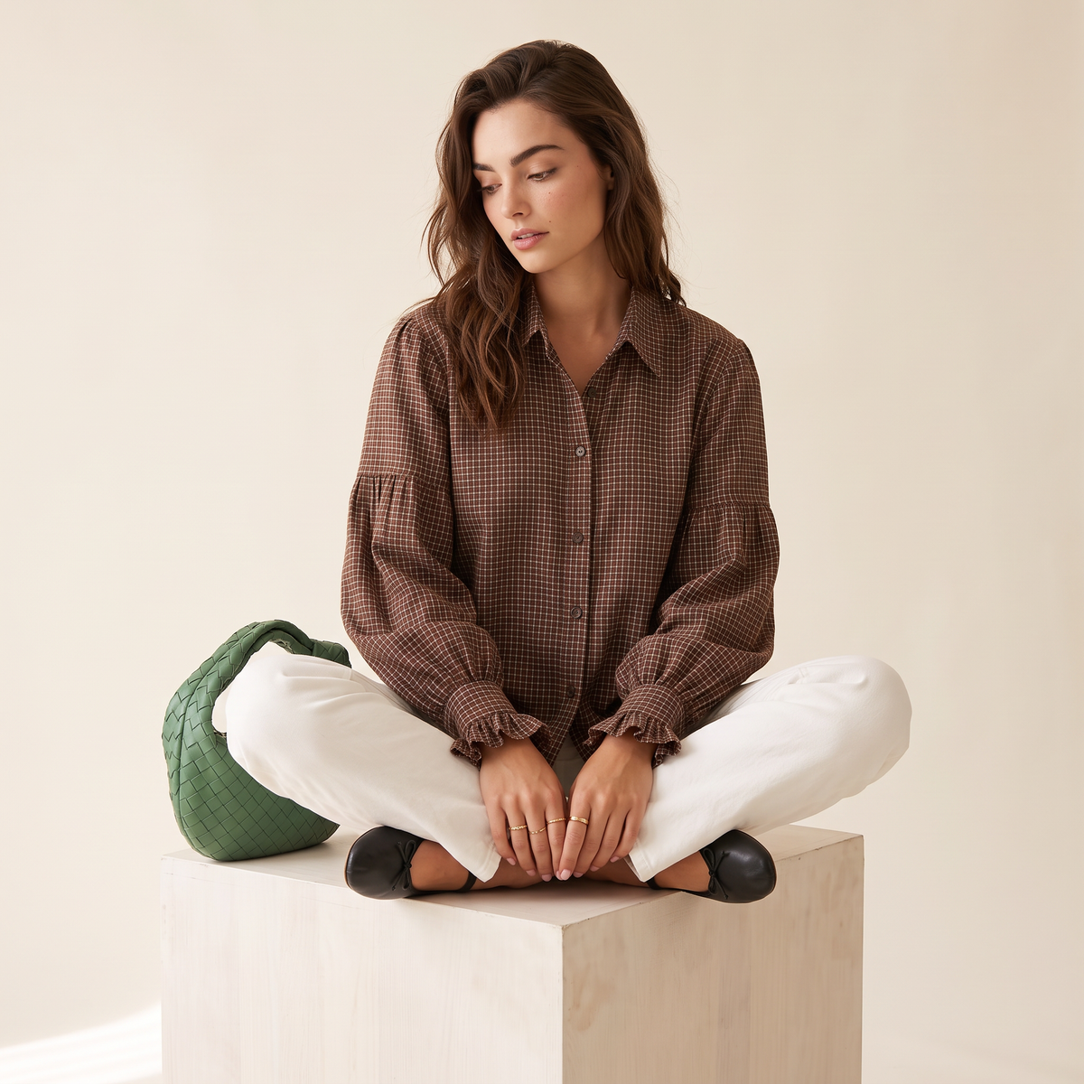 Terenza Koffiebruine Geruite Blouse