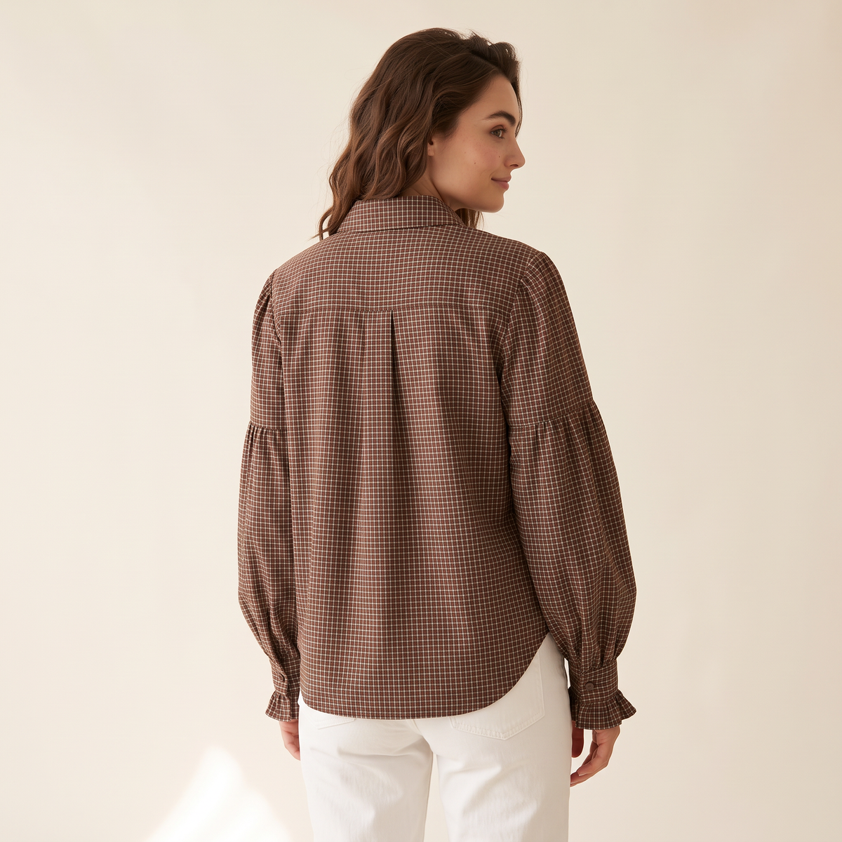 Terenza Koffiebruine Geruite Blouse