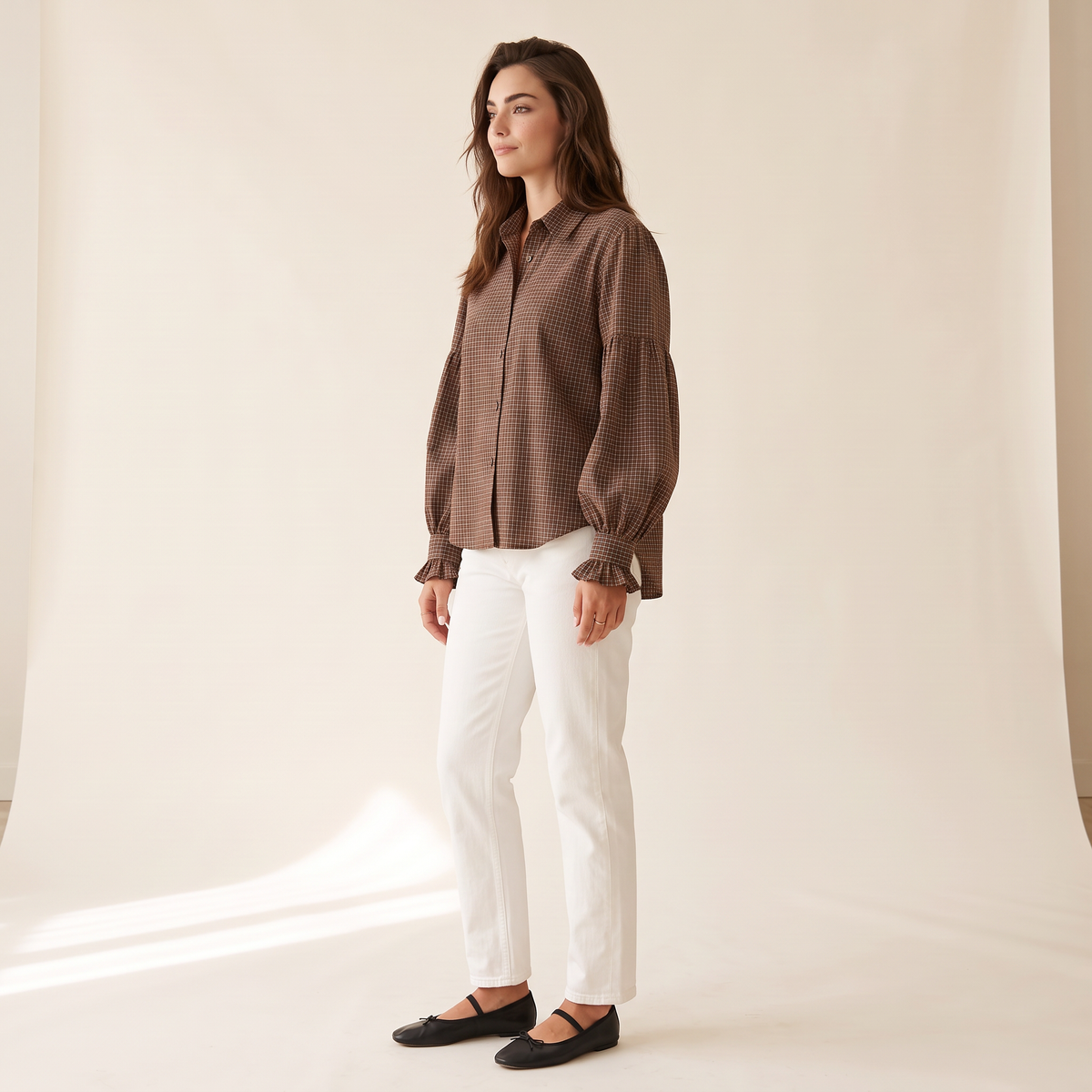 Terenza Koffiebruine Geruite Blouse