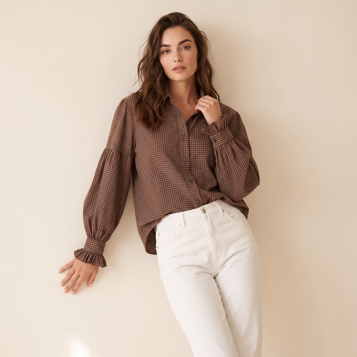 Terenza Koffiebruine Geruite Blouse
