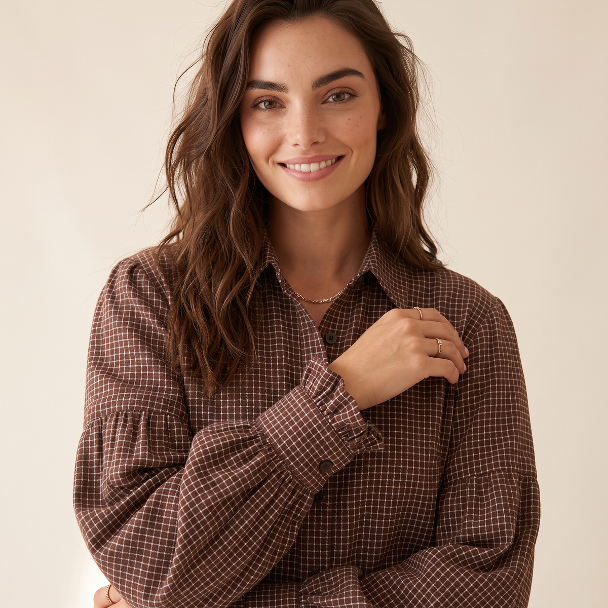 Terenza Koffiebruine Geruite Blouse