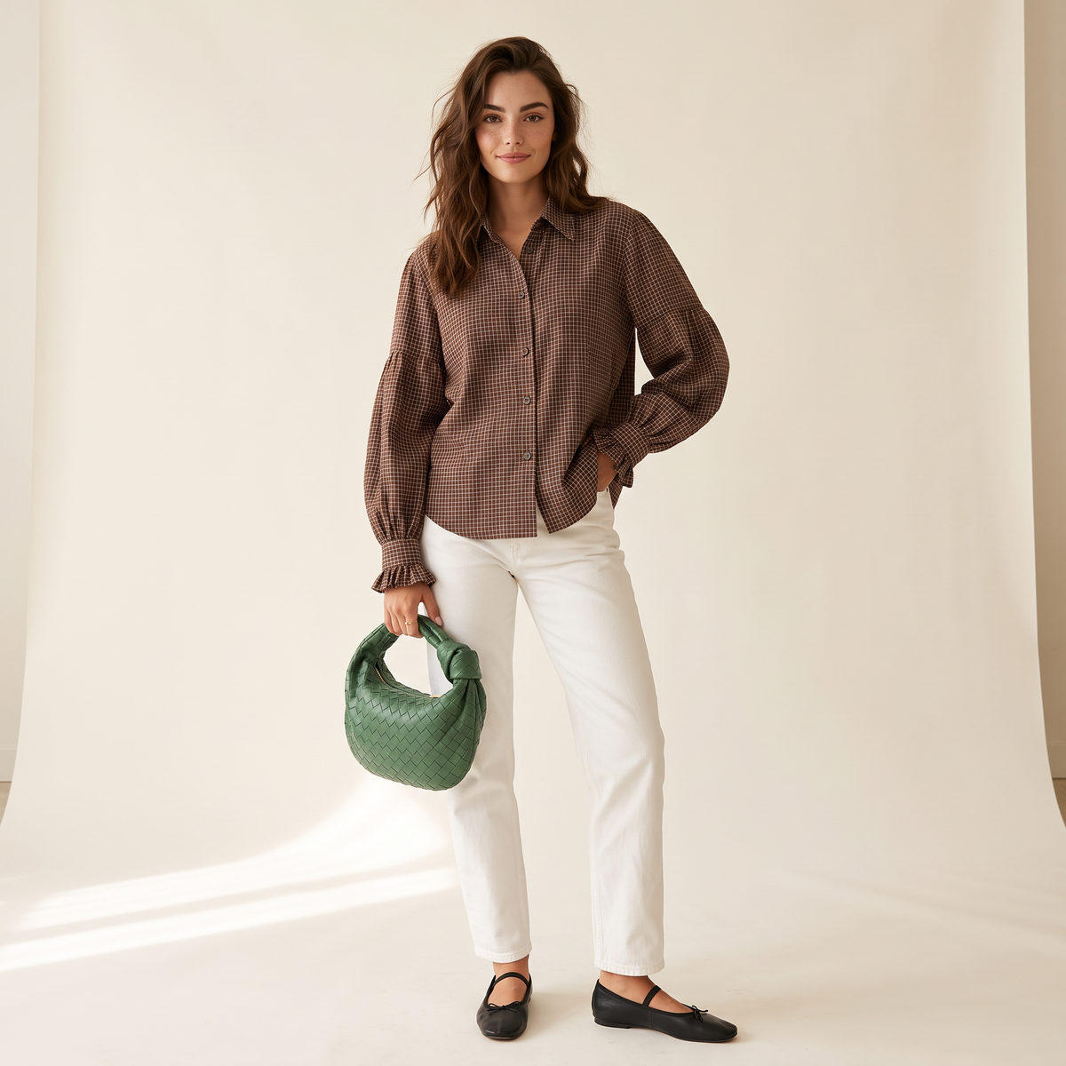 Terenza Koffiebruine Geruite Blouse
