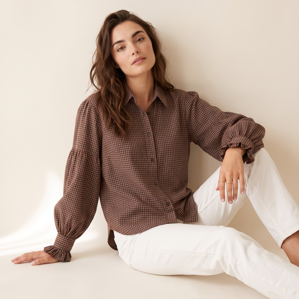 Terenza Koffiebruine Geruite Blouse