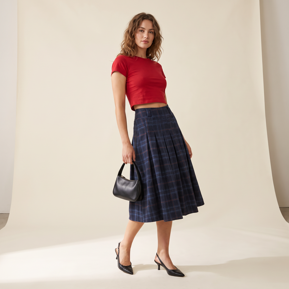 Tivana blauwe geplooide midi-rok met ruitpatroon