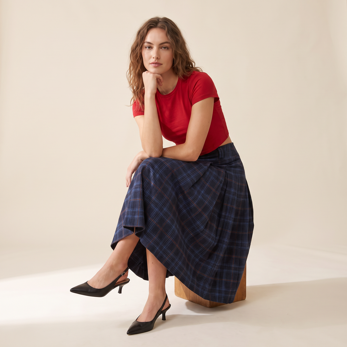 Tivana blauwe geplooide midi-rok met ruitpatroon