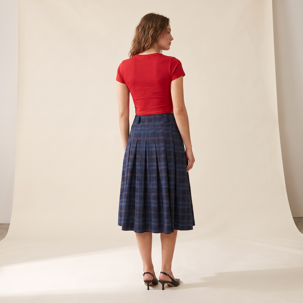 Tivana blauwe geplooide midi-rok met ruitpatroon