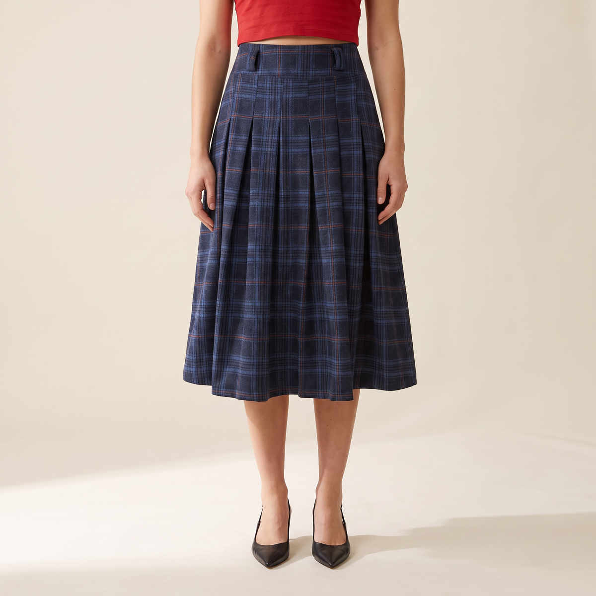 Tivana blauwe geplooide midi-rok met ruitpatroon