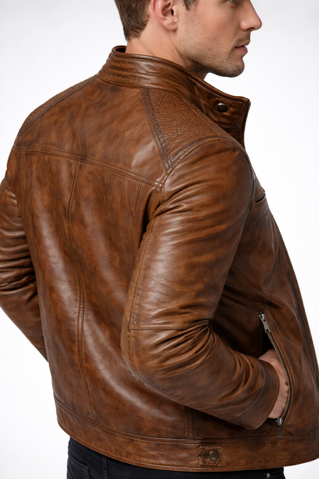 Men’s Brown Coated Textile Zip Jacket with Structured Seam Detailing High Collar