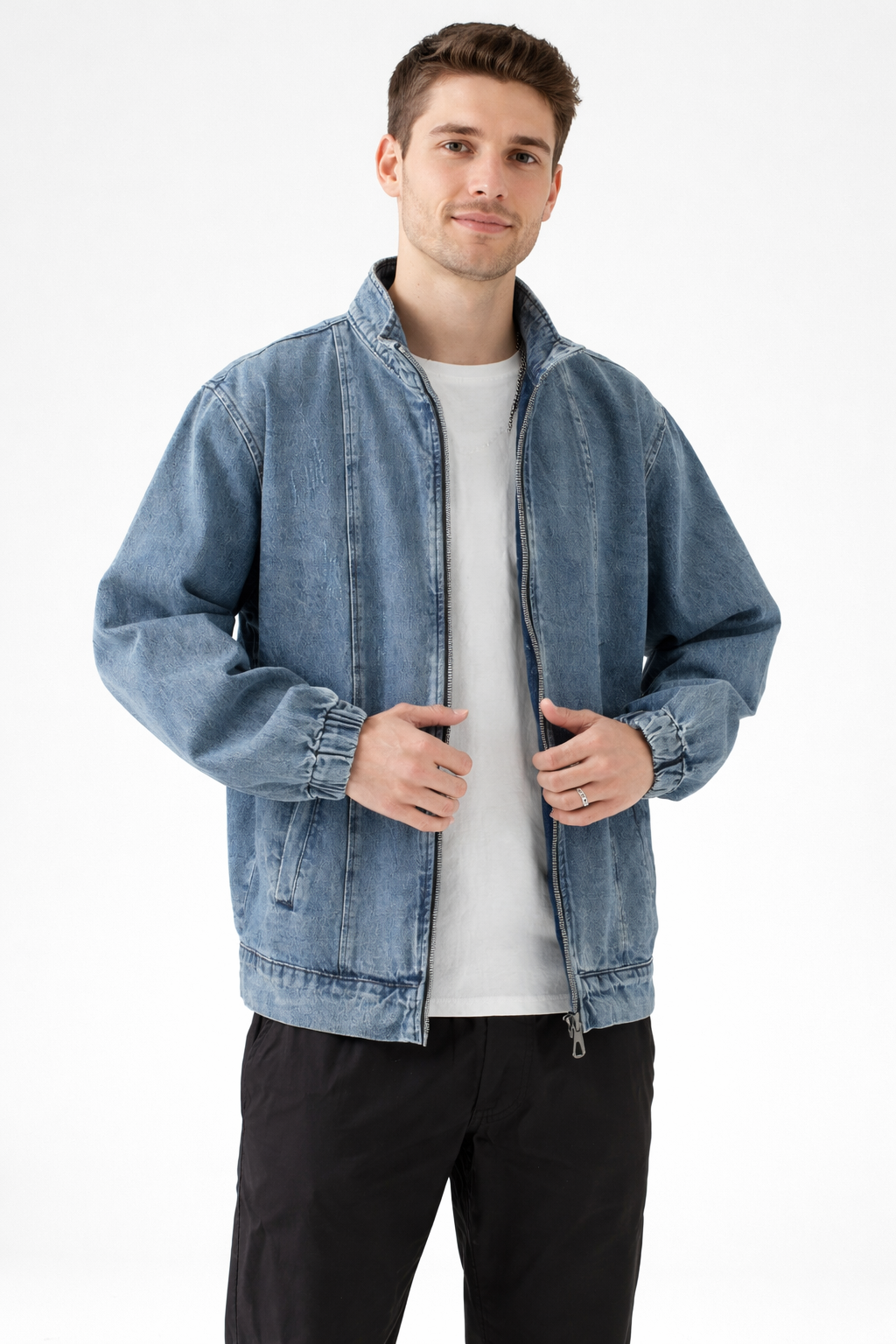 Men’s Zip Front Stand Collar Denim Jacket for Street Wear