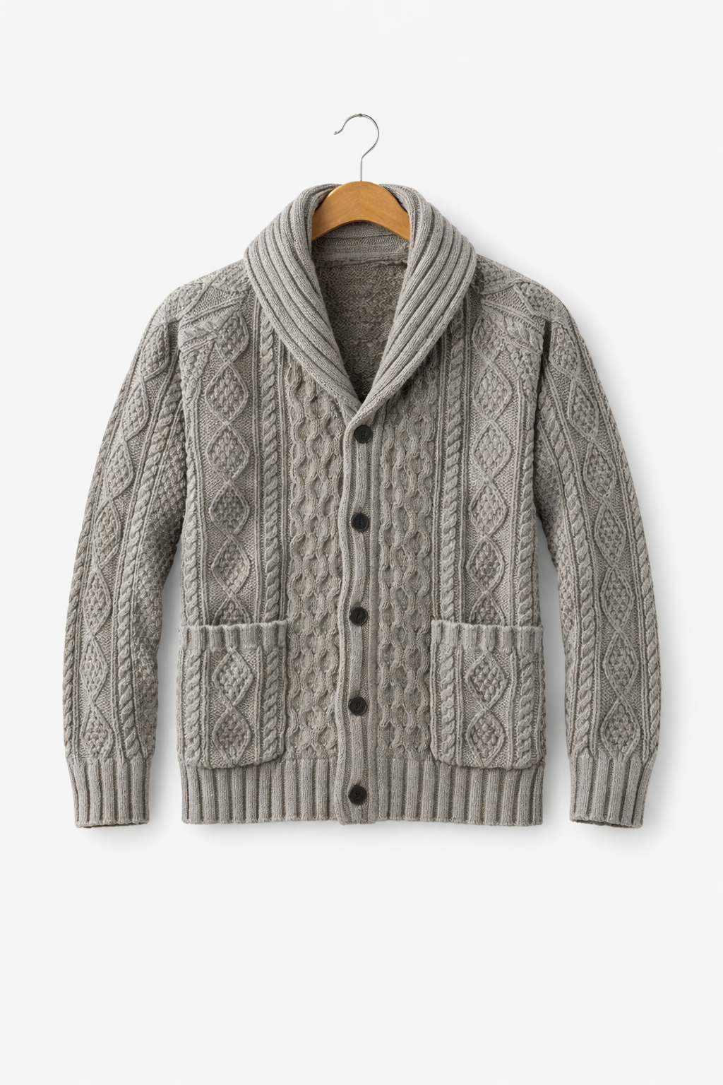 Men’s Cable Knit Cardigan Sweater with Shawl Collar Button Front
