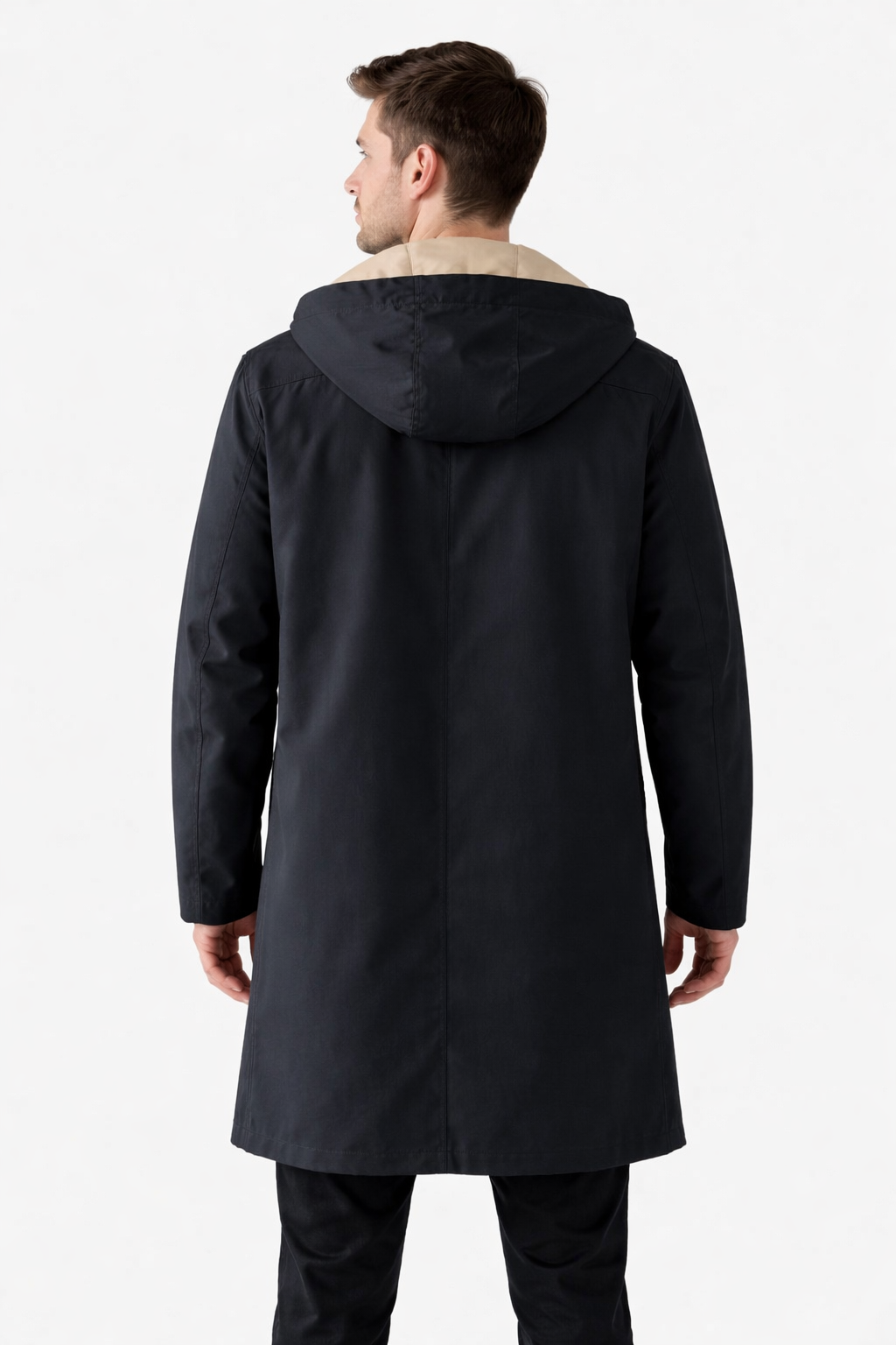 Men’s Long Hooded Coat with Button Front Clean Panel Design