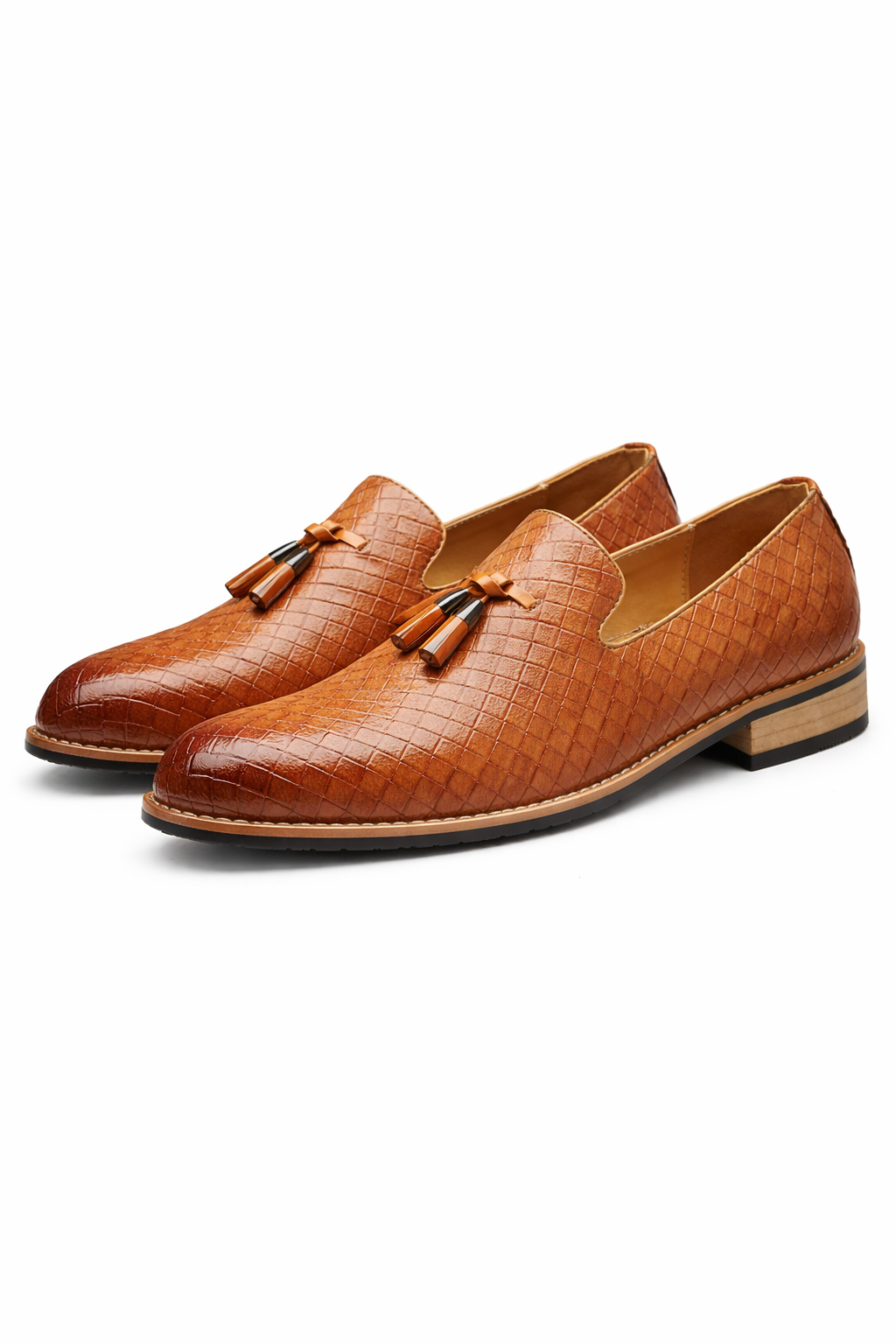 Woven Grid Tassel Slip-On Loafers