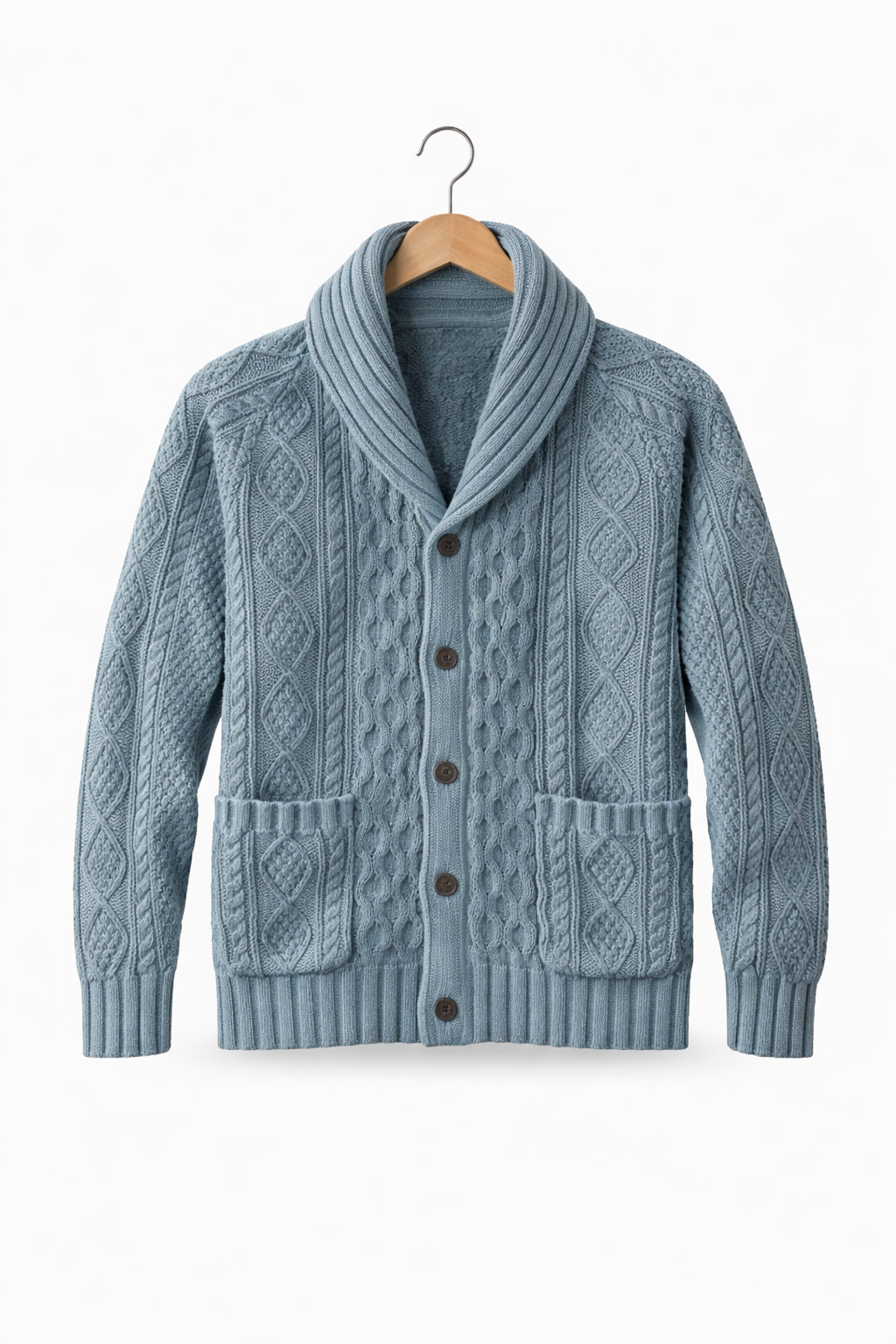 Men’s Cable Knit Cardigan Sweater with Shawl Collar Button Front