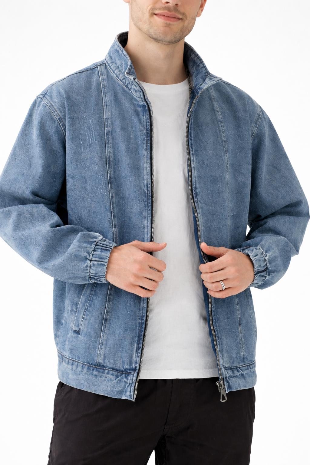 Men’s Zip Front Stand Collar Denim Jacket for Street Wear