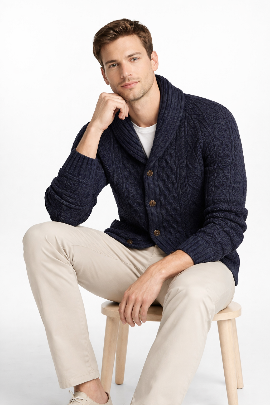 Men’s Cable Knit Cardigan Sweater with Shawl Collar Button Front