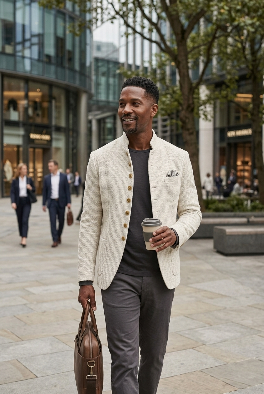 Ivory Textured Mandarin Collar Blazer
