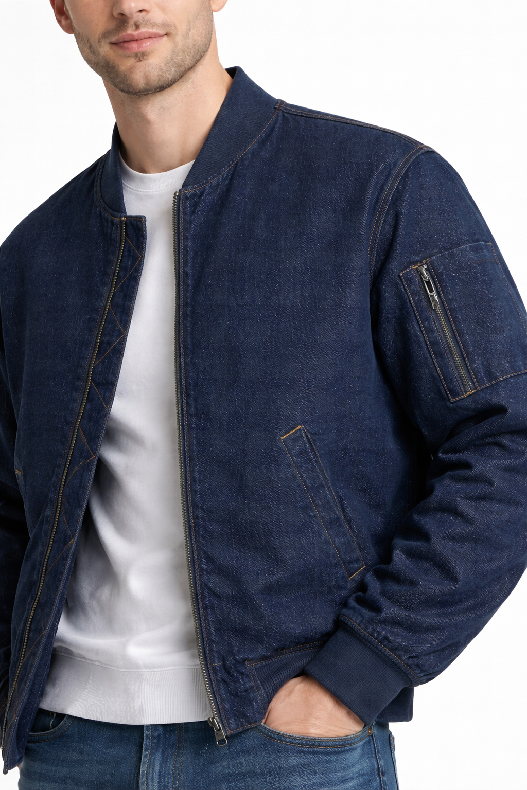 Men’s Zip Front Dark Denim Jacket for Urban Wear