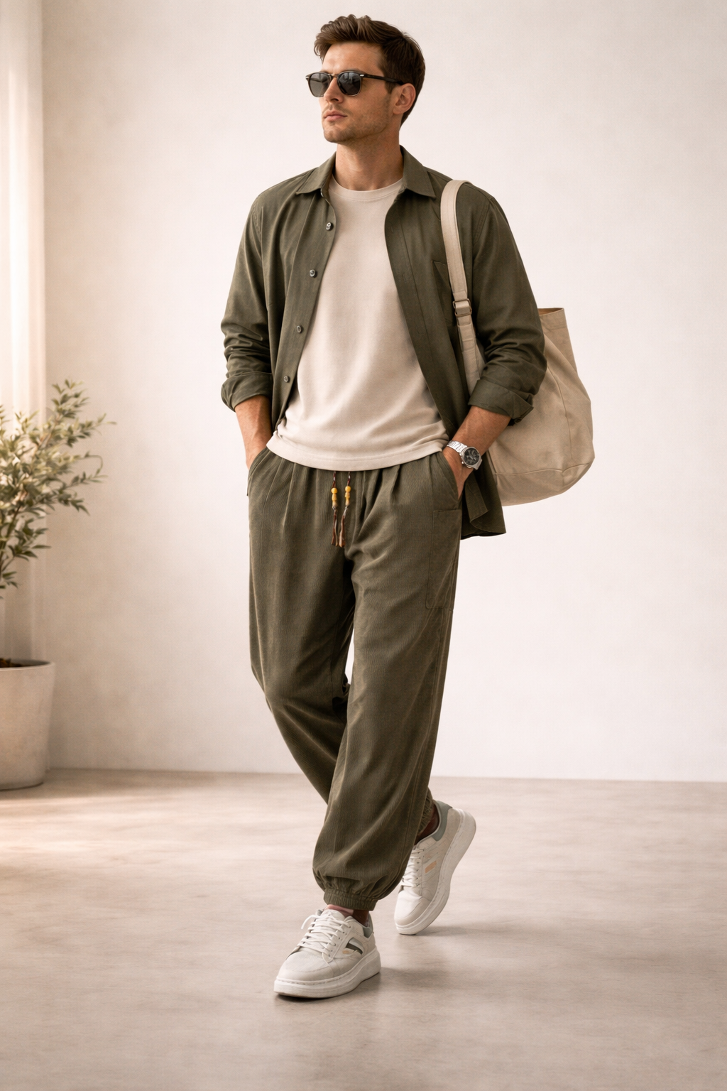 Men’s Home Wide Leg Pants with Drawstring Waist and Cuffed Leg