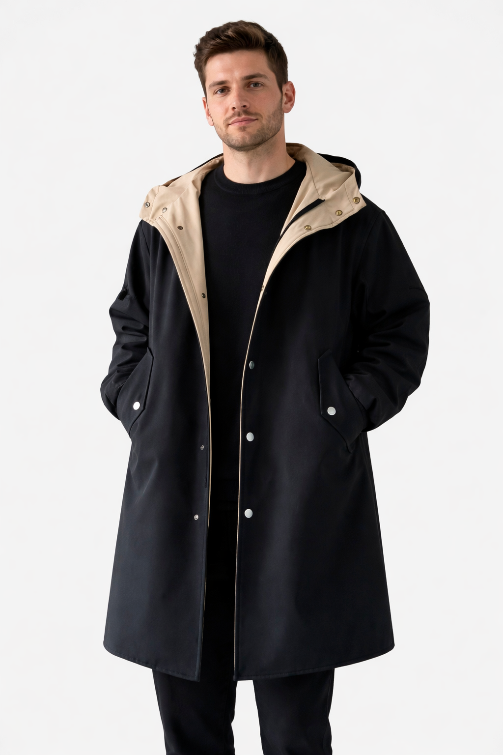 Men’s Long Hooded Coat with Button Front Clean Panel Design