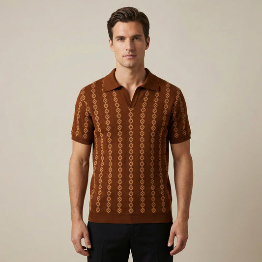 Men’s Brown Knit Short Sleeve Polo Shirt With Geometric Pattern