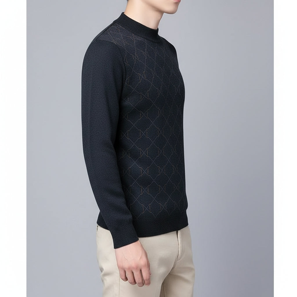 Men’s Dark Knit Long Sleeve Sweater With Geometric Pattern