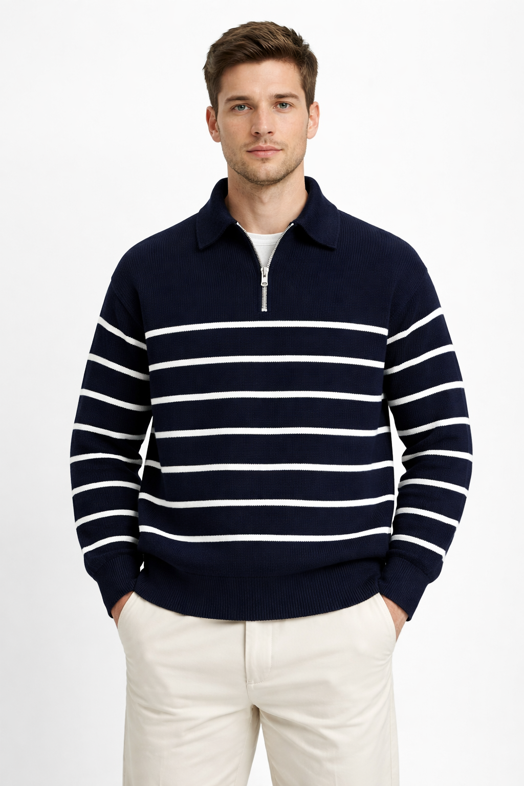 Men’s Striped Half Zip Knit Sweater