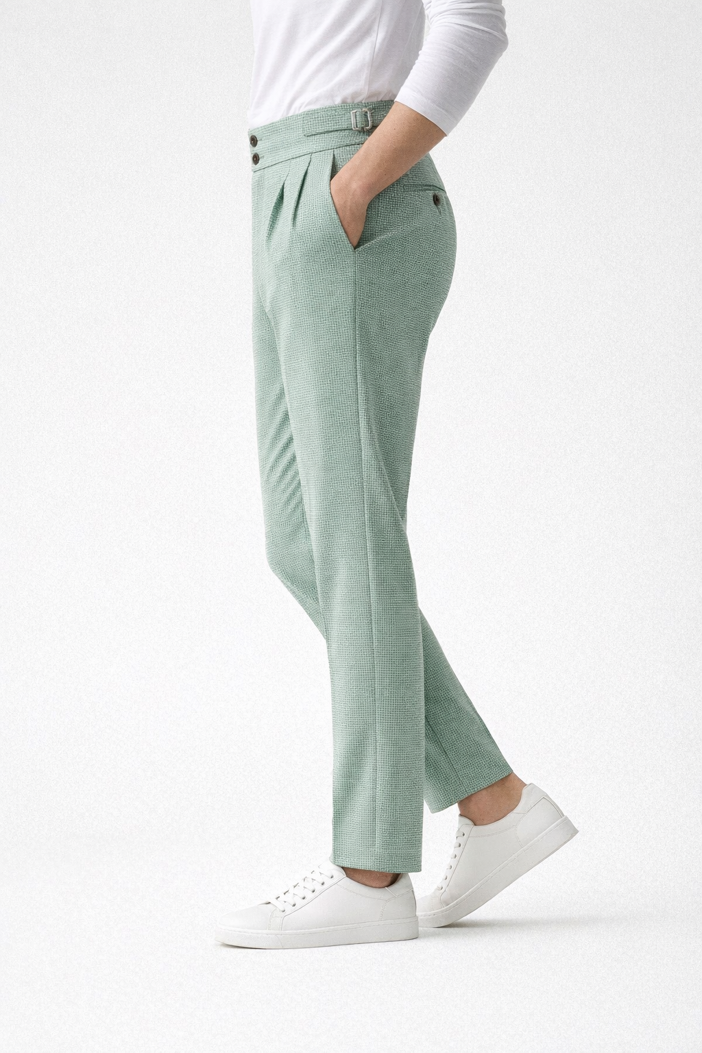 Waffle Texture High-Waist Pleated Trousers