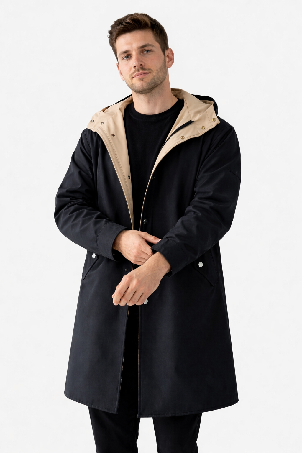 Men’s Long Hooded Coat with Button Front Clean Panel Design