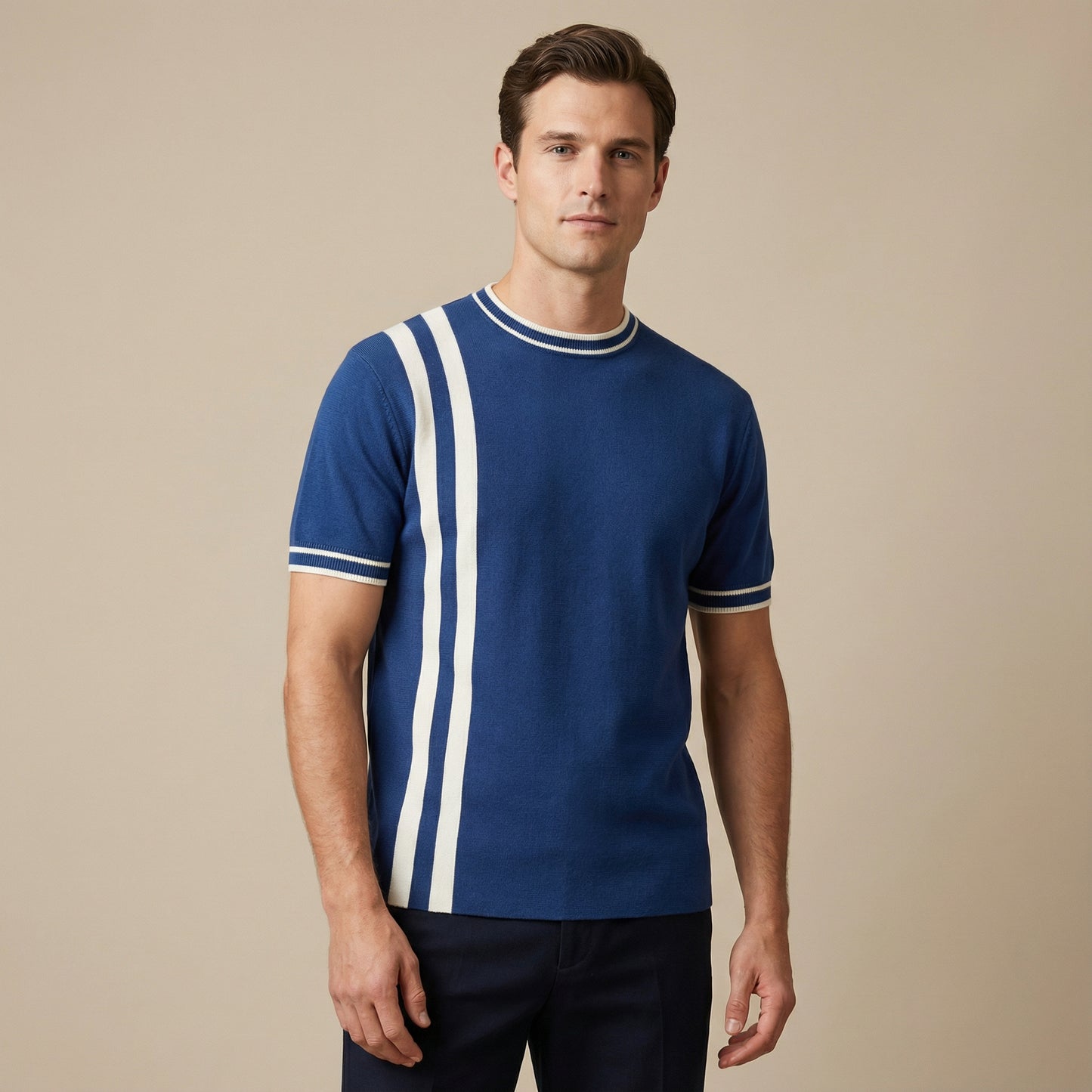 Men’s Navy Knitted Short Sleeve Shirt With Vertical Contrast Stripe