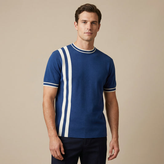 Men’s Navy Knitted Short Sleeve Shirt With Vertical Contrast Stripe