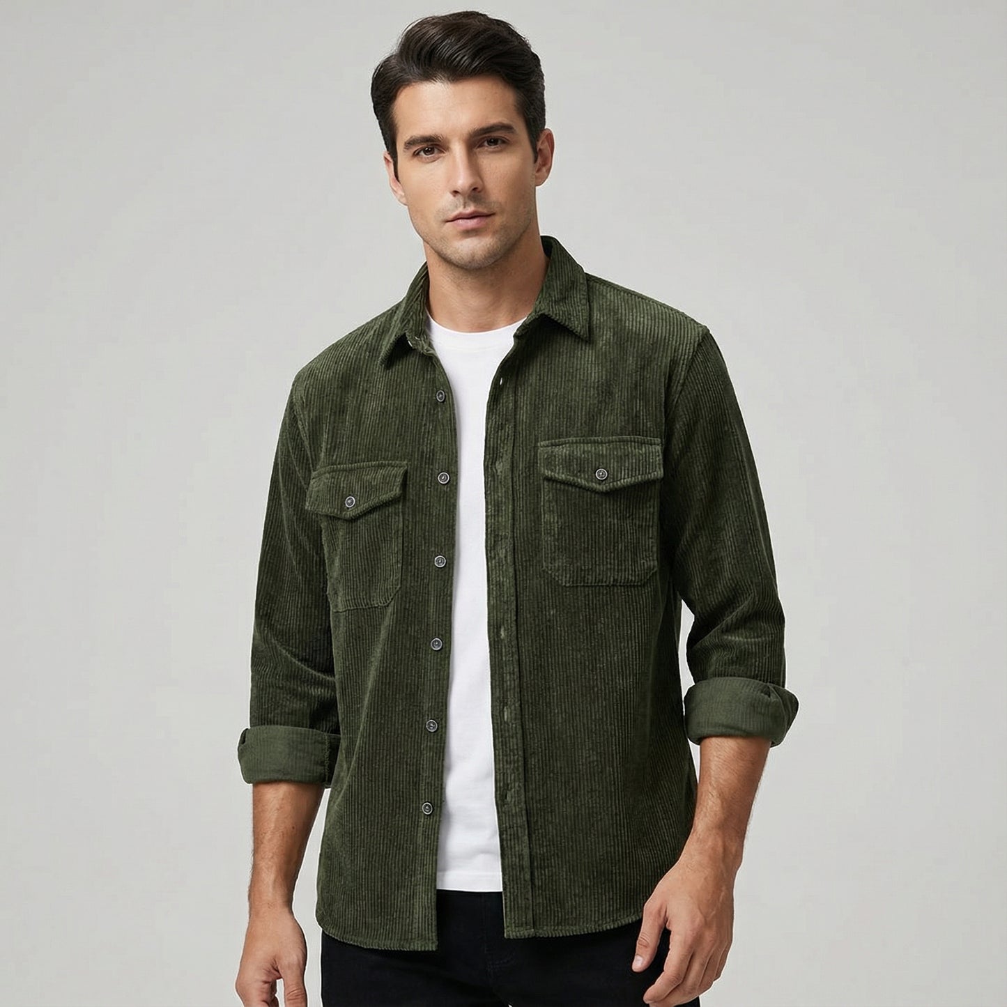 Men’s Corduroy Long Sleeve Button Up Shirt With Chest Pockets