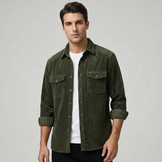 Men’s Corduroy Long Sleeve Button Up Shirt With Chest Pockets