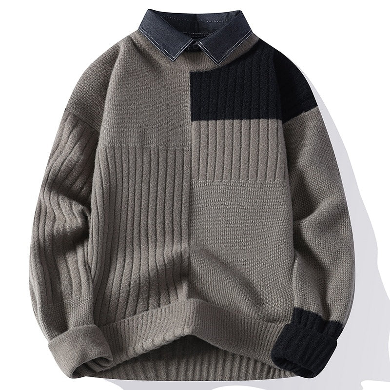 Men’s Patchwork Knit Long Sleeve Sweater with Collar