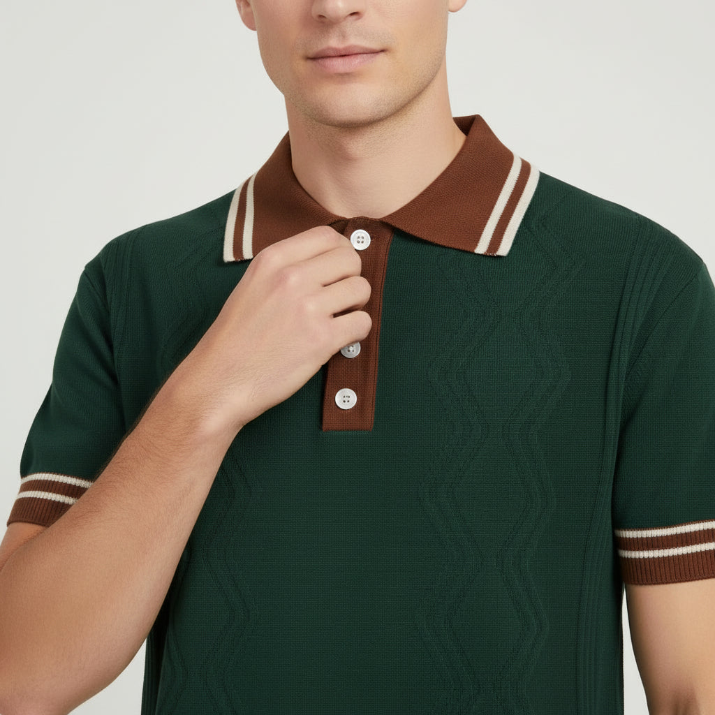 Textured Knit Polo Shirt – Short Sleeve Button Collar