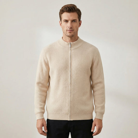 Men’s Knit Zip Cardigan with Ribbed Detailing Long Sleeve