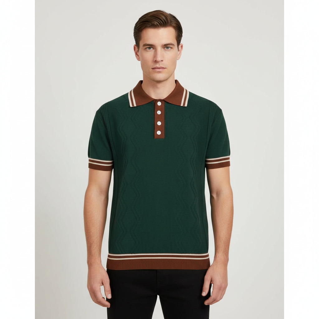 Textured Knit Polo Shirt – Short Sleeve Button Collar
