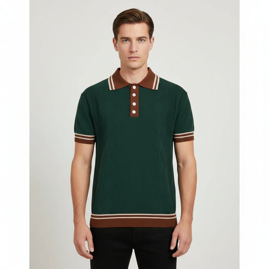 Textured Knit Polo Shirt – Short Sleeve Button Collar