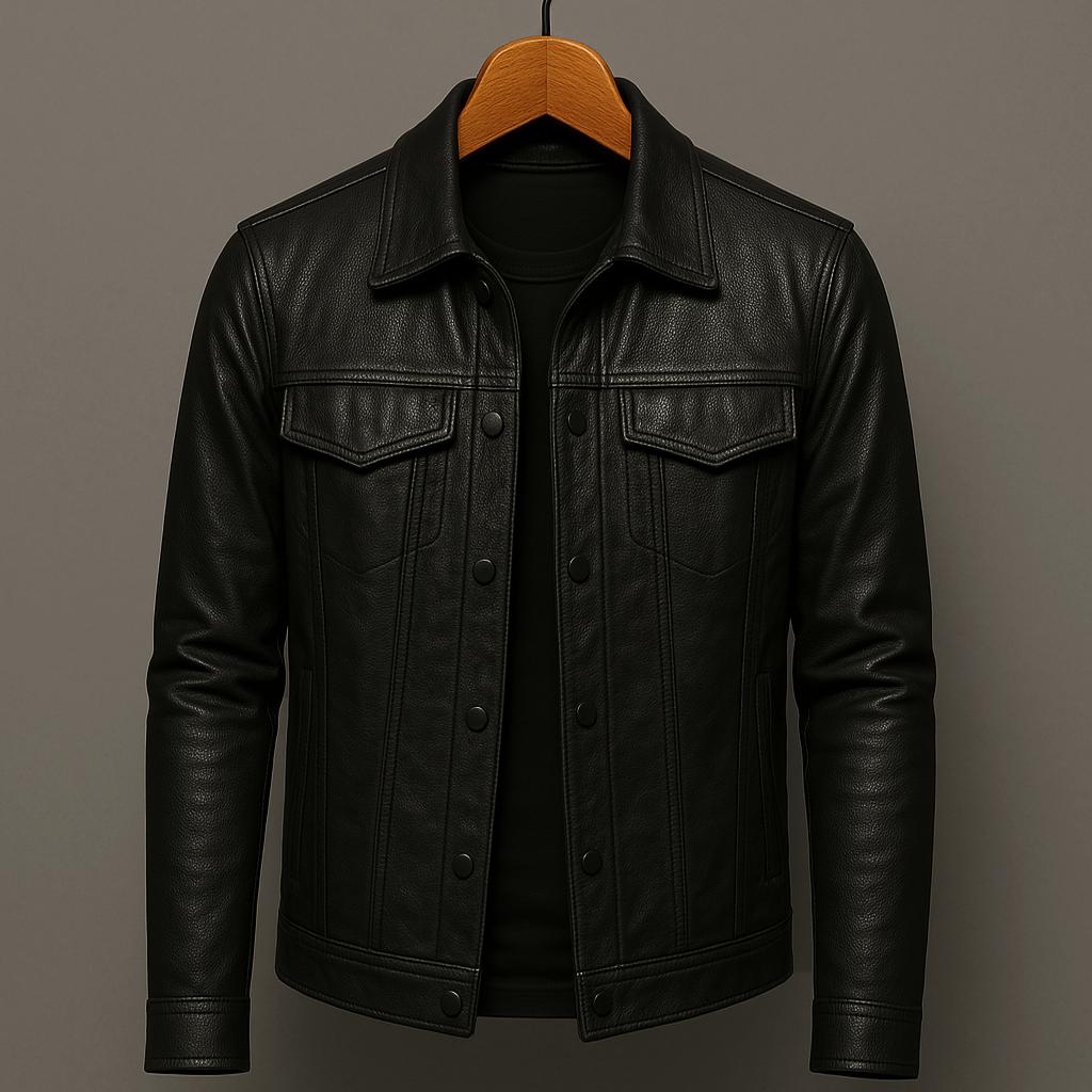 Men’s Black Coated Textile Button Front Jacket with Structured Panel Detailing