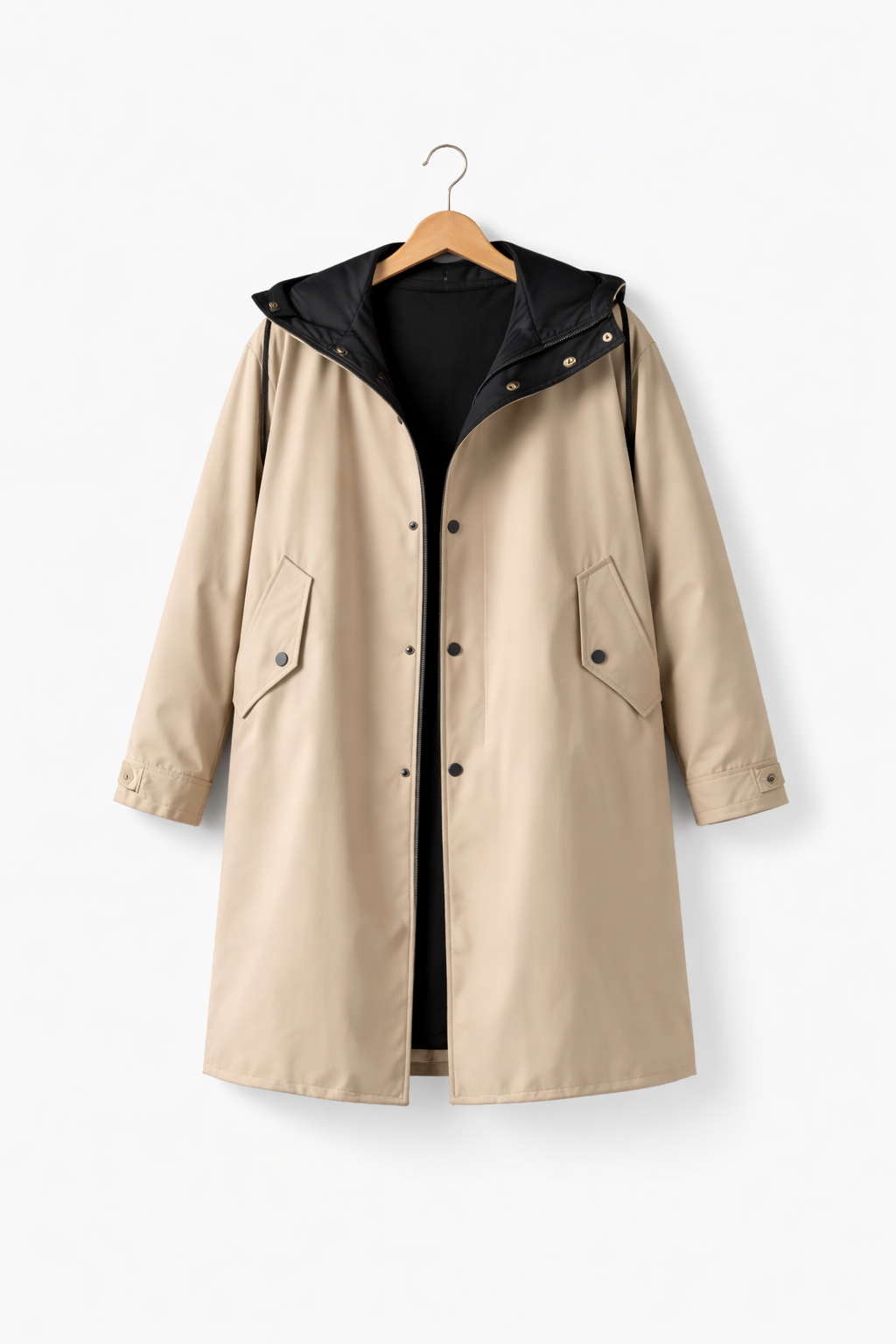 Men’s Long Hooded Coat with Button Front Clean Panel Design